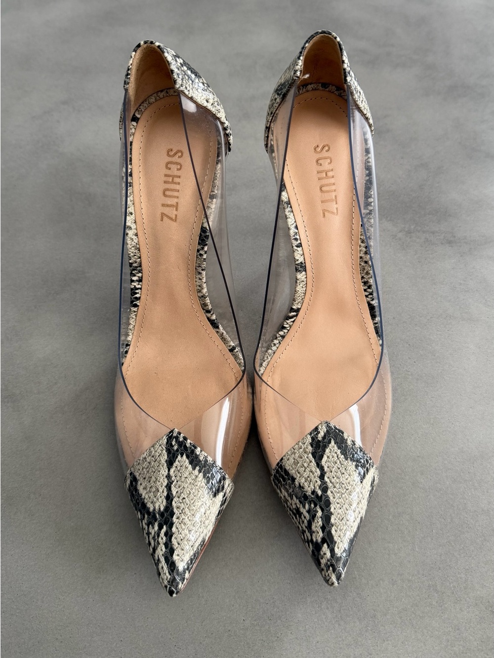 SCHUTZ Clear PVC Pointed-Toe Flats with Snakeskin Accent - Black & Cream
